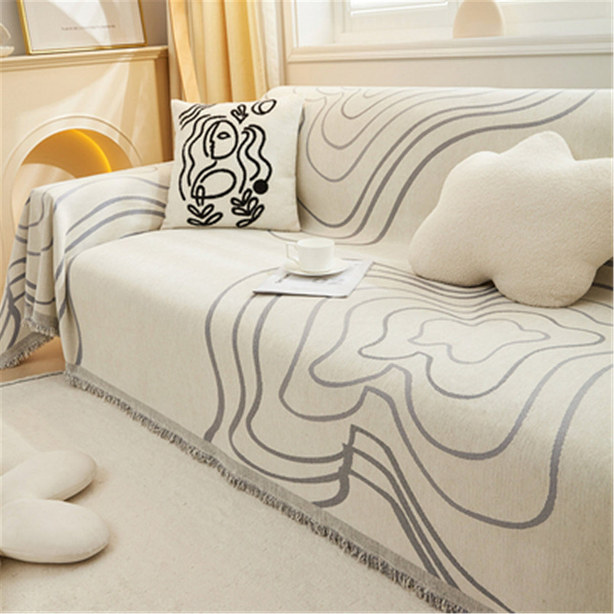 Minimalist Geometric Line Couch Cover, Soft Chenille Couch Cover, Non-Slip Sofa Cover,Washable Cotton Sofa Slipcover,Pet Furniture Protector