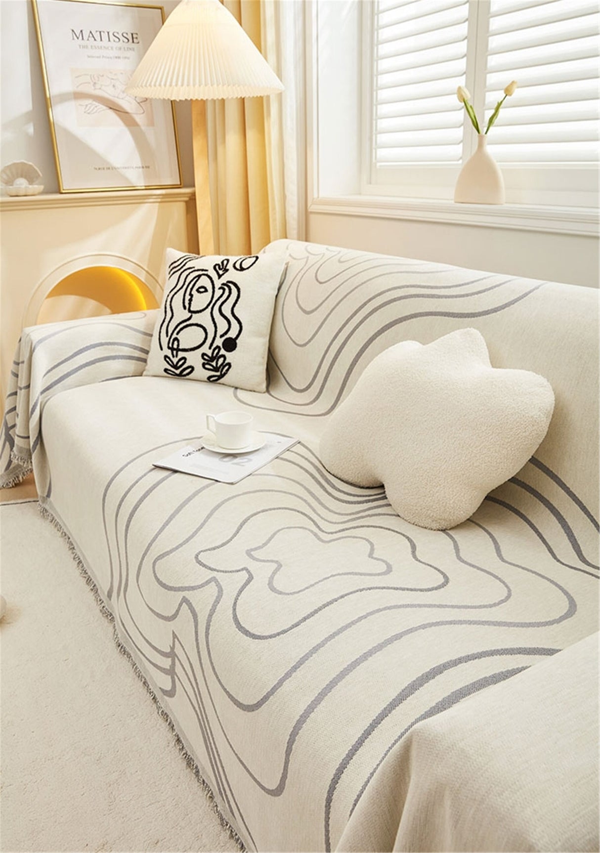 Minimalist Geometric Line Couch Cover, Soft Chenille Couch Cover, Non-Slip Sofa Cover,Washable Cotton Sofa Slipcover,Pet Furniture Protector