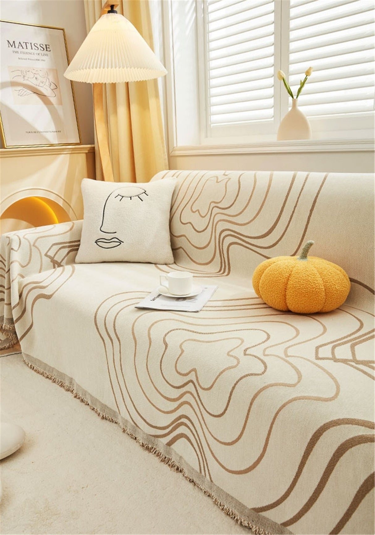 Minimalist Geometric Line Couch Cover, Soft Chenille Couch Cover, Non-Slip Sofa Cover,Washable Cotton Sofa Slipcover,Pet Furniture Protector