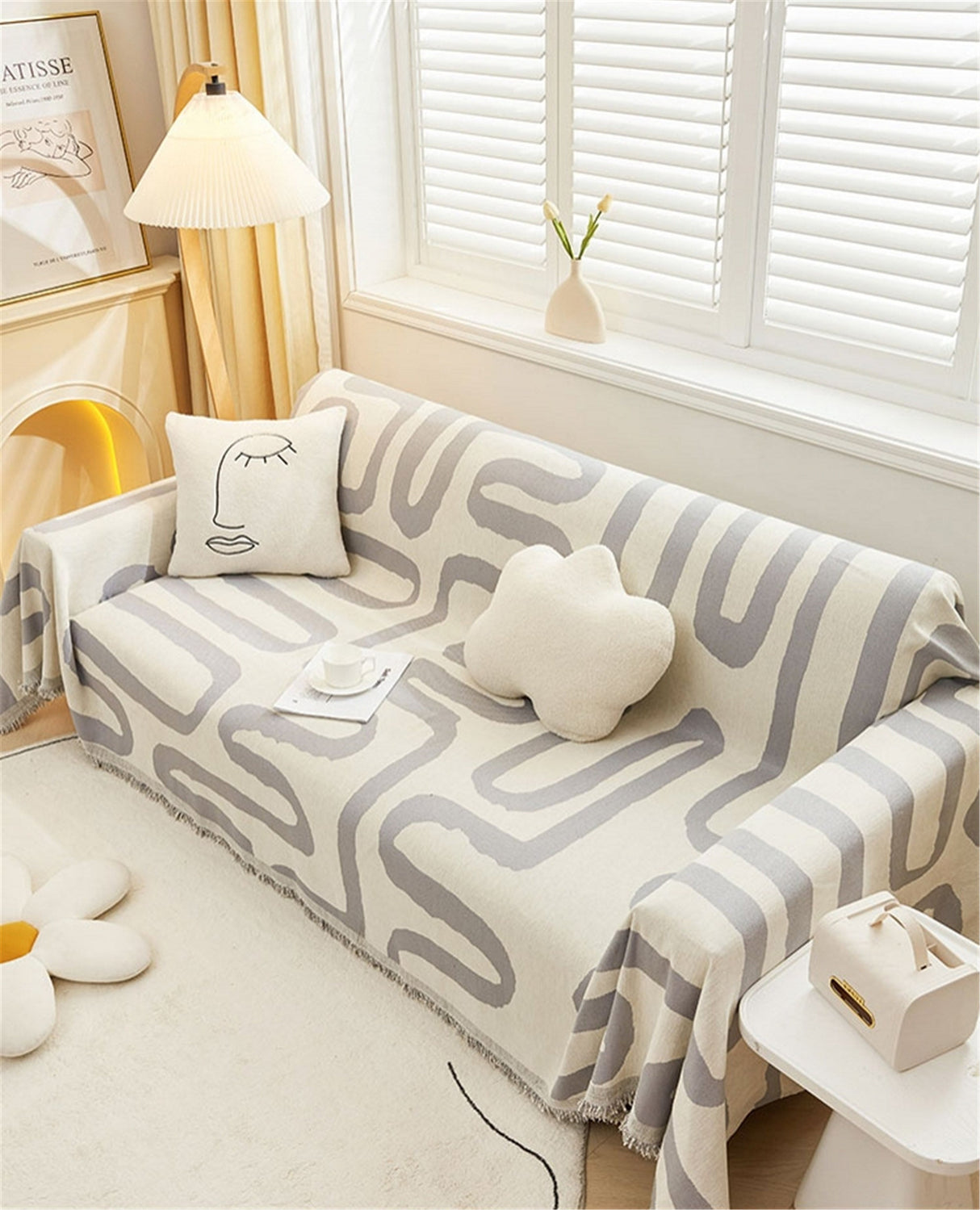 Double Woven Geometric Line Couch Cover,Soft Chenille Couch Cover,Non-Slip Sofa Cover,Washable Cotton Sofa Slipcover,Pet Furniture Protector