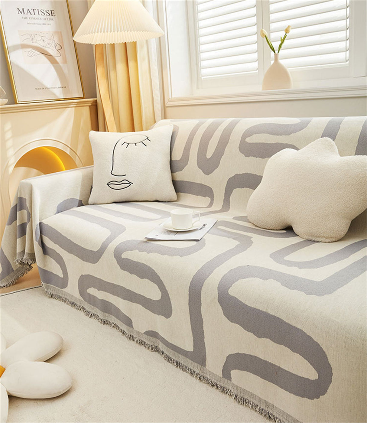 Double Woven Geometric Line Couch Cover,Soft Chenille Couch Cover,Non-Slip Sofa Cover,Washable Cotton Sofa Slipcover,Pet Furniture Protector