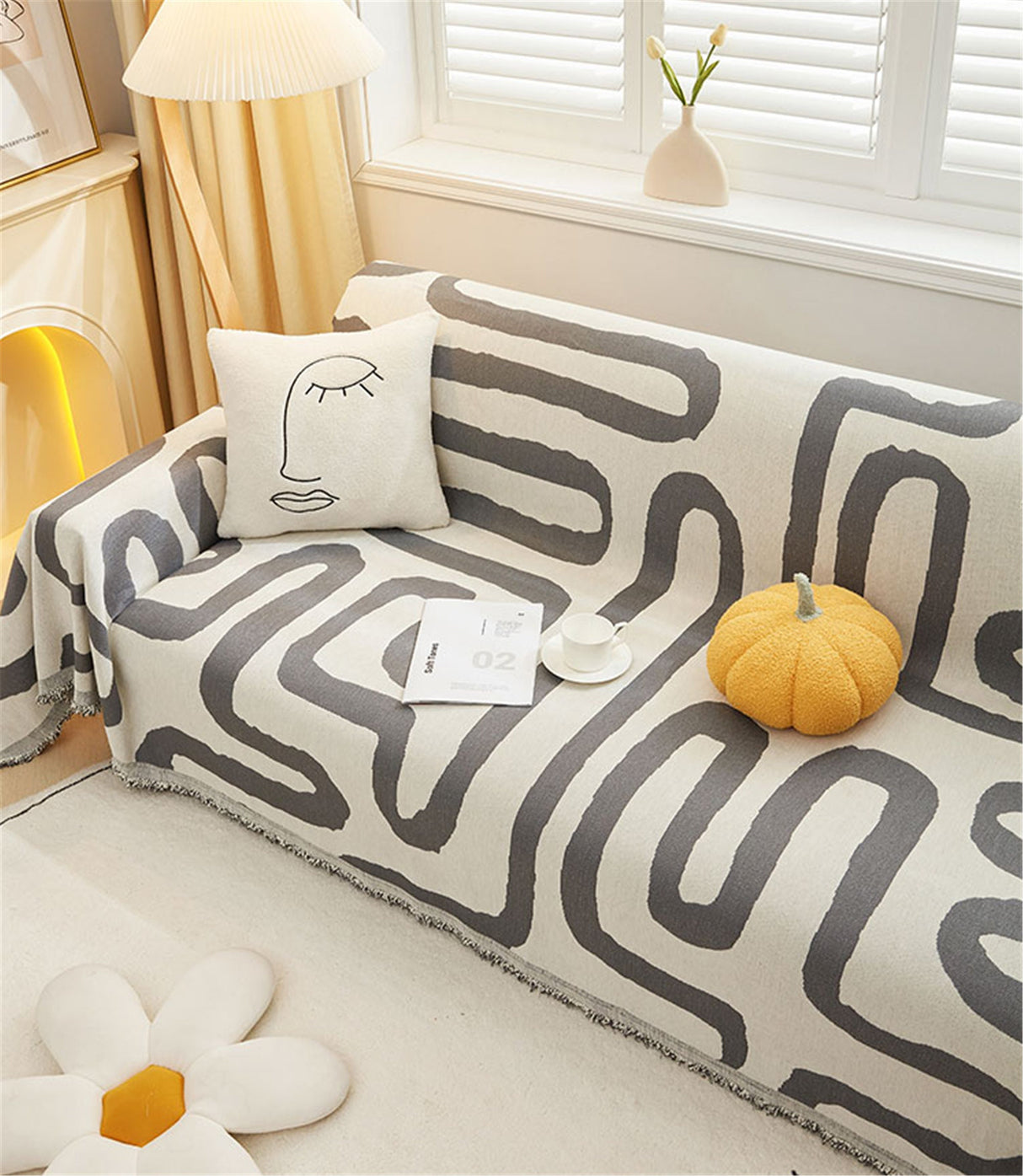 Double Woven Geometric Line Couch Cover,Soft Chenille Couch Cover,Non-Slip Sofa Cover,Washable Cotton Sofa Slipcover,Pet Furniture Protector