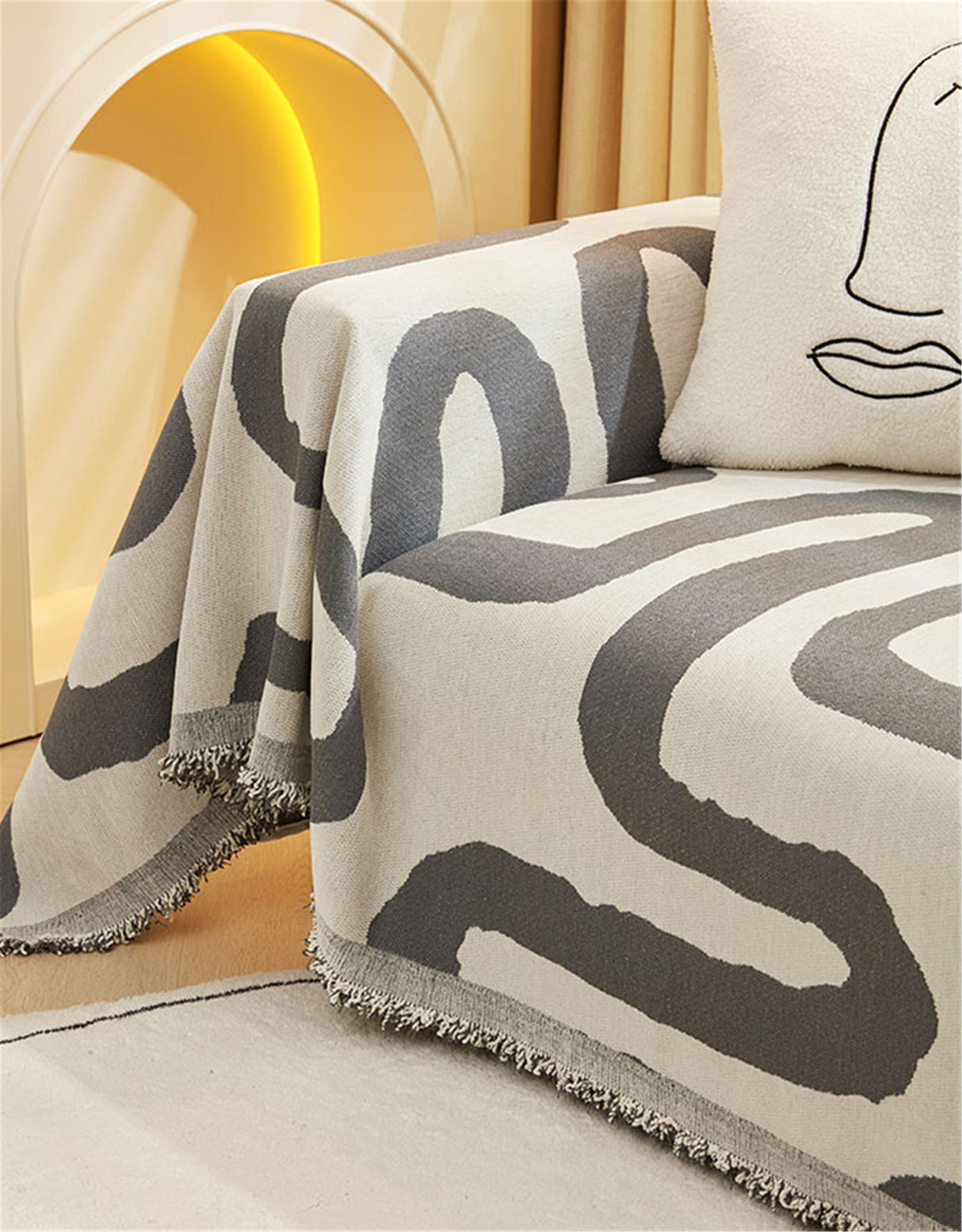 Double Woven Geometric Line Couch Cover,Soft Chenille Couch Cover,Non-Slip Sofa Cover,Washable Cotton Sofa Slipcover,Pet Furniture Protector