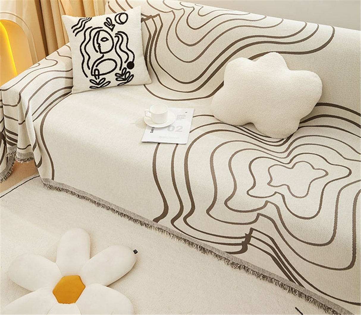 Geometric Line Couch Cover,Minimalist Chenille Couch Cover,Soft Non-Slip Sofa Cover,Washable Cotton Couch Slipcover,Pet Furniture Protector