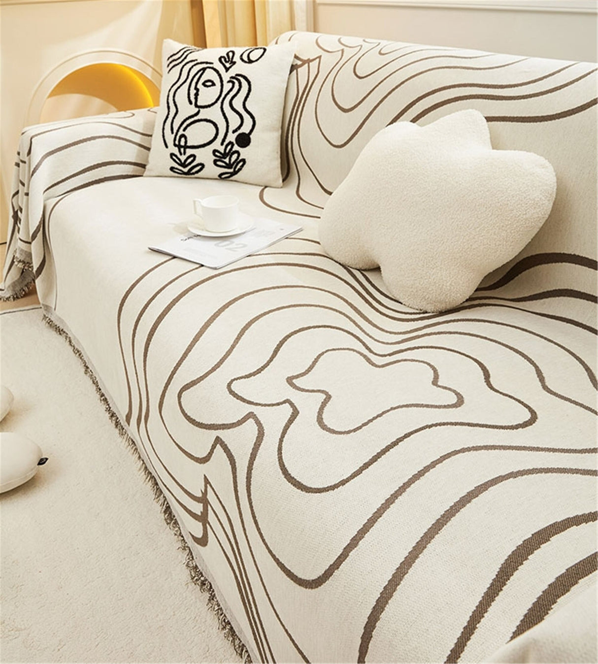 Geometric Line Couch Cover,Minimalist Chenille Couch Cover,Soft Non-Slip Sofa Cover,Washable Cotton Couch Slipcover,Pet Furniture Protector