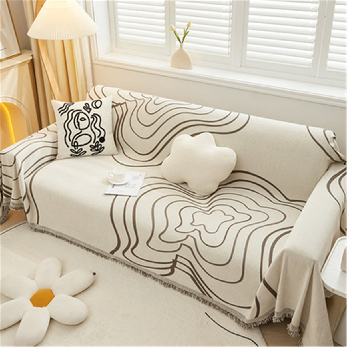 Geometric Line Couch Cover,Minimalist Chenille Couch Cover,Soft Non-Slip Sofa Cover,Washable Cotton Couch Slipcover,Pet Furniture Protector