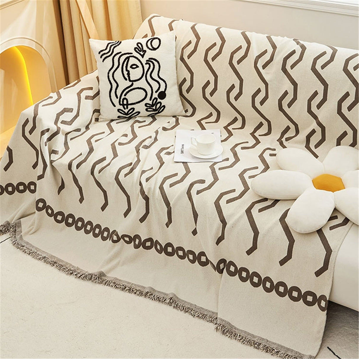 Minimalist Wavy Line Chenille Couch Cover, Soft Non-Slip Sofa Cover, Geometric Couch Cover, Washable Slipcover, Pet Furniture Protector