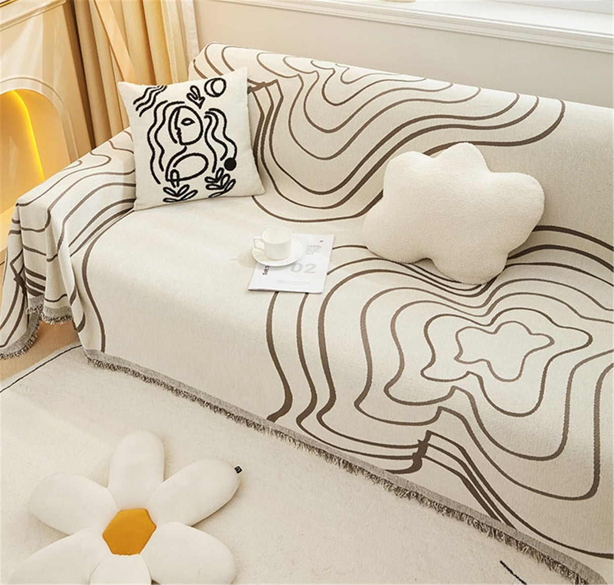 Minimalist Geometric Line Couch Cover, Soft Chenille Couch Cover, Non-Slip Sofa Cover,Washable Cotton Sofa Slipcover,Pet Furniture Protector