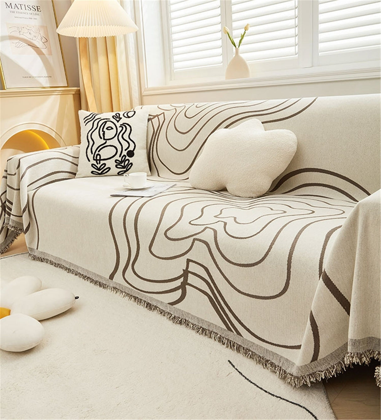 Minimalist Geometric Line Couch Cover, Soft Chenille Couch Cover, Non-Slip Sofa Cover,Washable Cotton Sofa Slipcover,Pet Furniture Protector