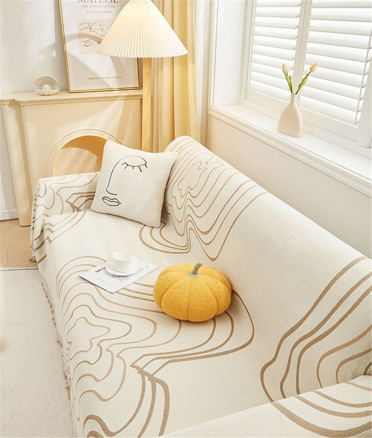 Minimalist Geometric Line Couch Cover, Soft Chenille Couch Cover, Non-Slip Sofa Cover,Washable Cotton Sofa Slipcover,Pet Furniture Protector