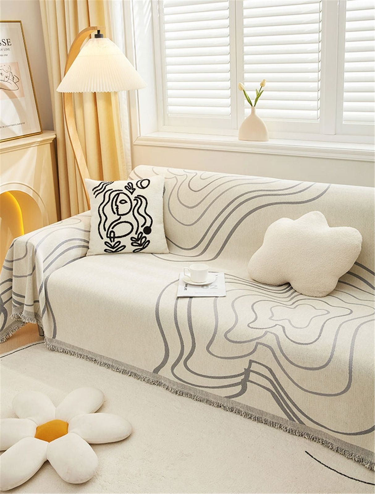 Minimalist Geometric Line Couch Cover, Soft Chenille Couch Cover, Non-Slip Sofa Cover,Washable Cotton Sofa Slipcover,Pet Furniture Protector