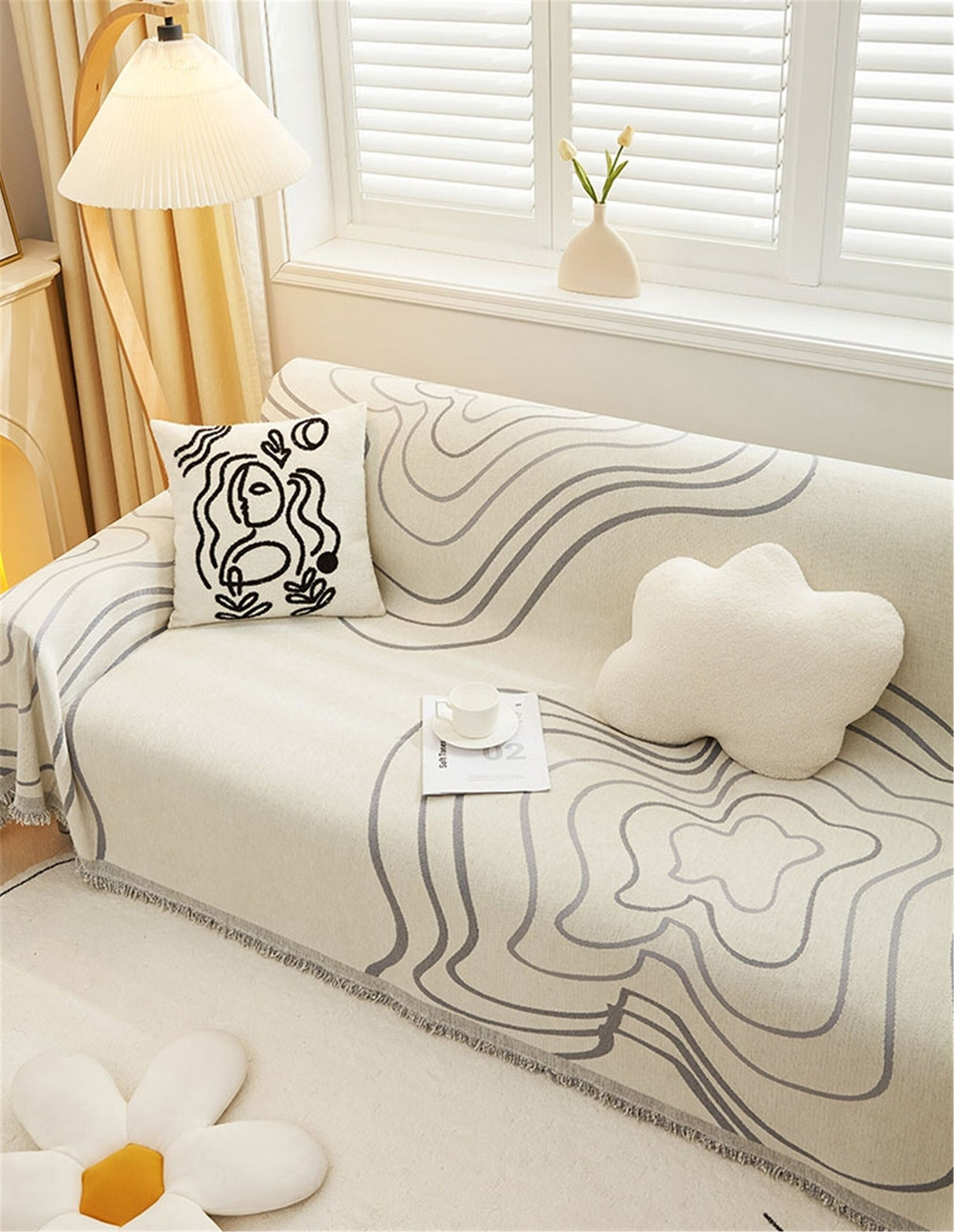 Minimalist Geometric Line Couch Cover, Soft Chenille Couch Cover, Non-Slip Sofa Cover,Washable Cotton Sofa Slipcover,Pet Furniture Protector