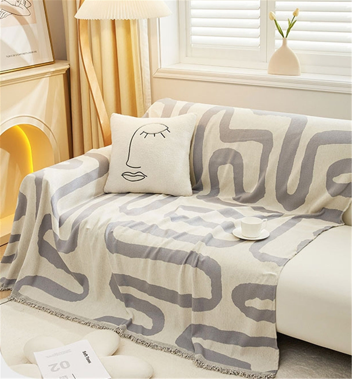 Double Woven Geometric Line Couch Cover,Soft Chenille Couch Cover,Non-Slip Sofa Cover,Washable Cotton Sofa Slipcover,Pet Furniture Protector