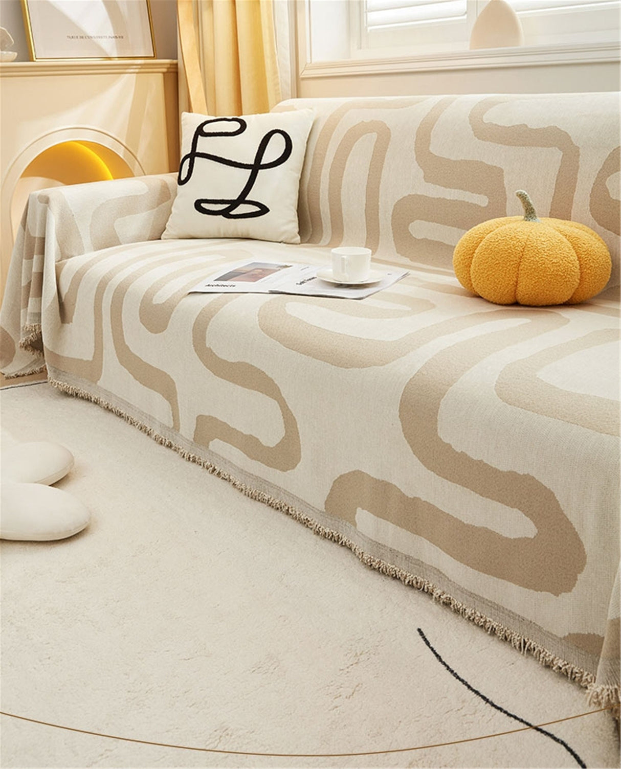 Double Woven Geometric Line Couch Cover,Soft Chenille Couch Cover,Non-Slip Sofa Cover,Washable Cotton Sofa Slipcover,Pet Furniture Protector