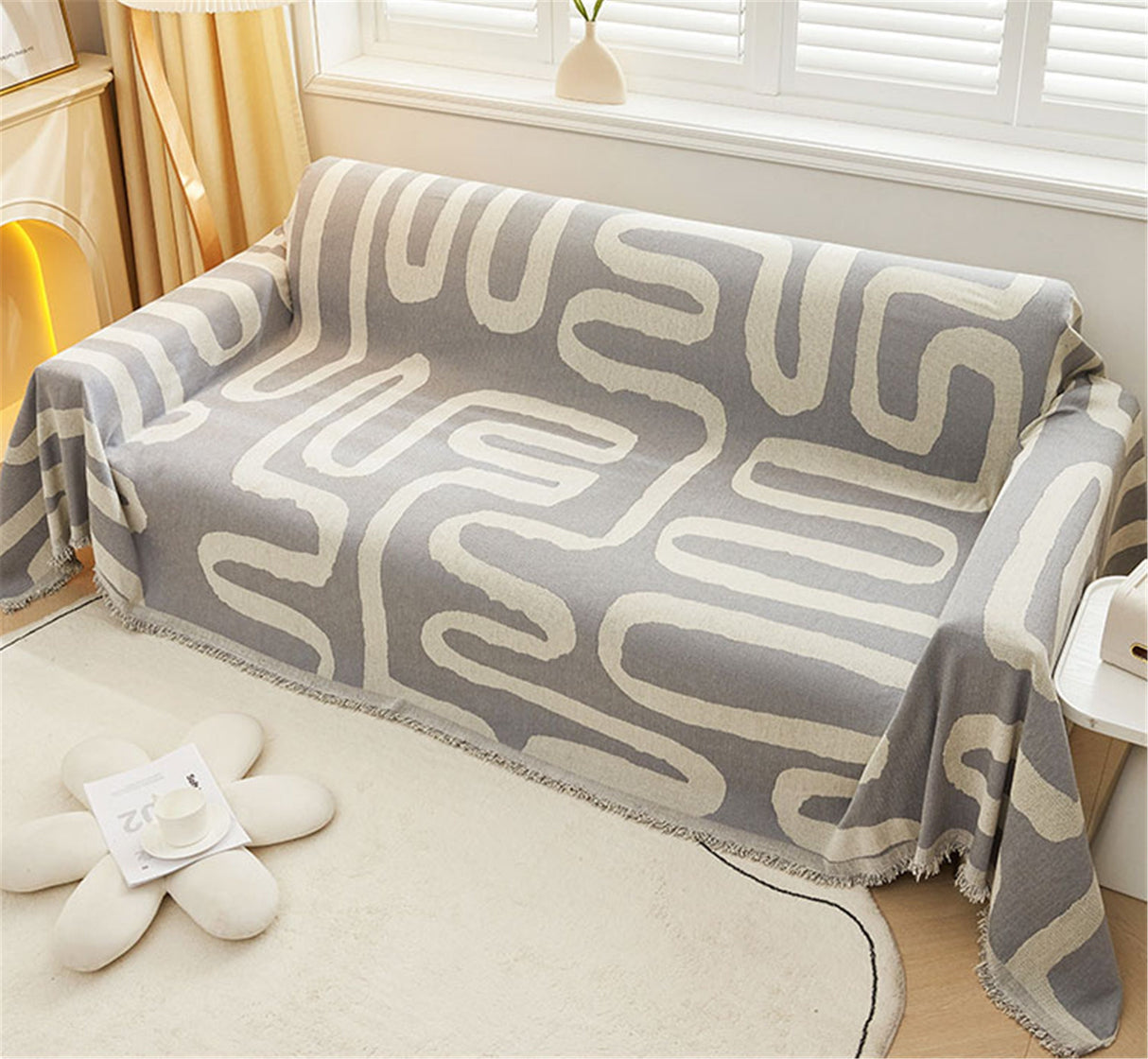 Double Woven Geometric Line Couch Cover,Soft Chenille Couch Cover,Non-Slip Sofa Cover,Washable Cotton Sofa Slipcover,Pet Furniture Protector