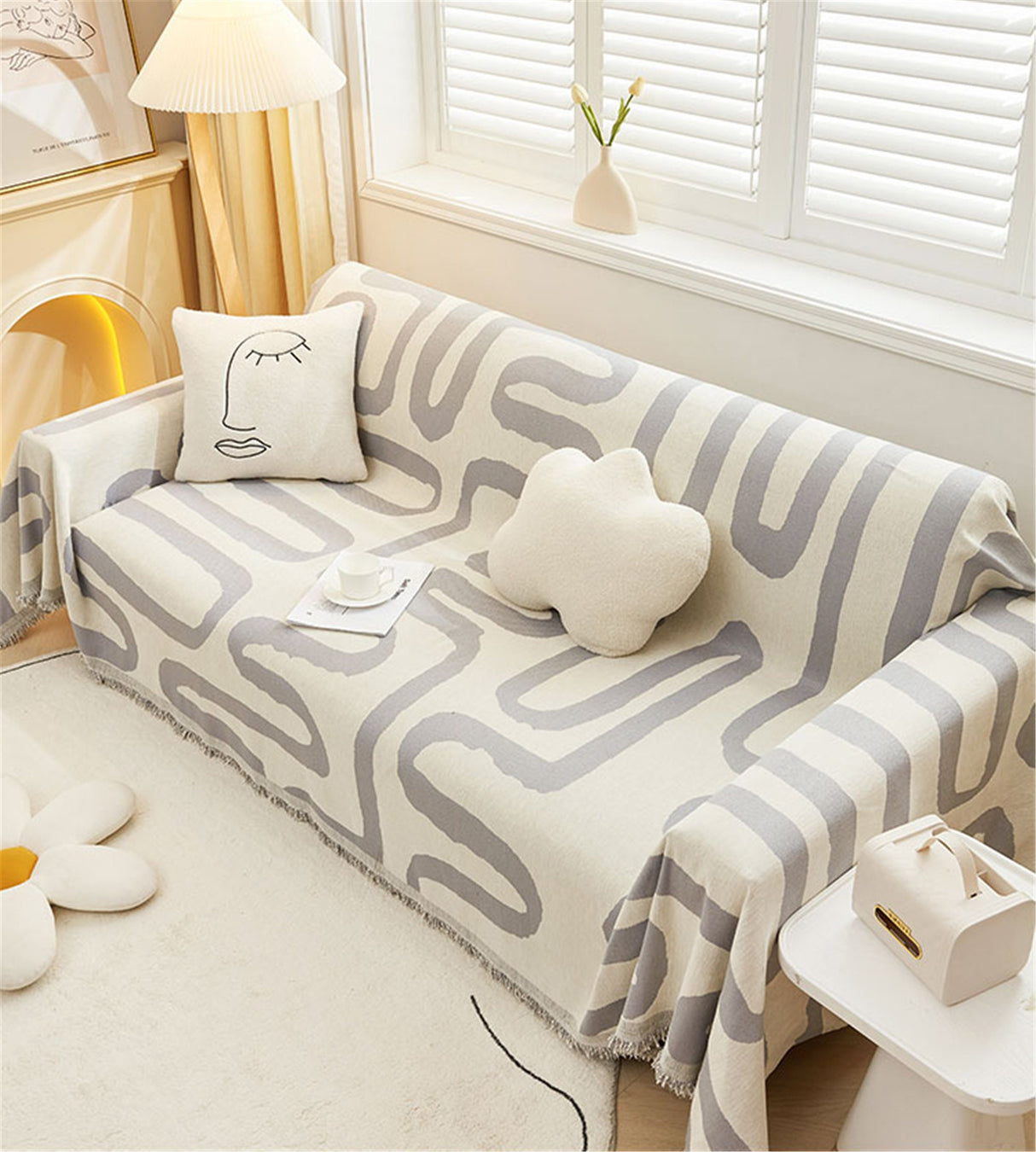 Double Woven Geometric Line Couch Cover,Soft Chenille Couch Cover,Non-Slip Sofa Cover,Washable Cotton Sofa Slipcover,Pet Furniture Protector