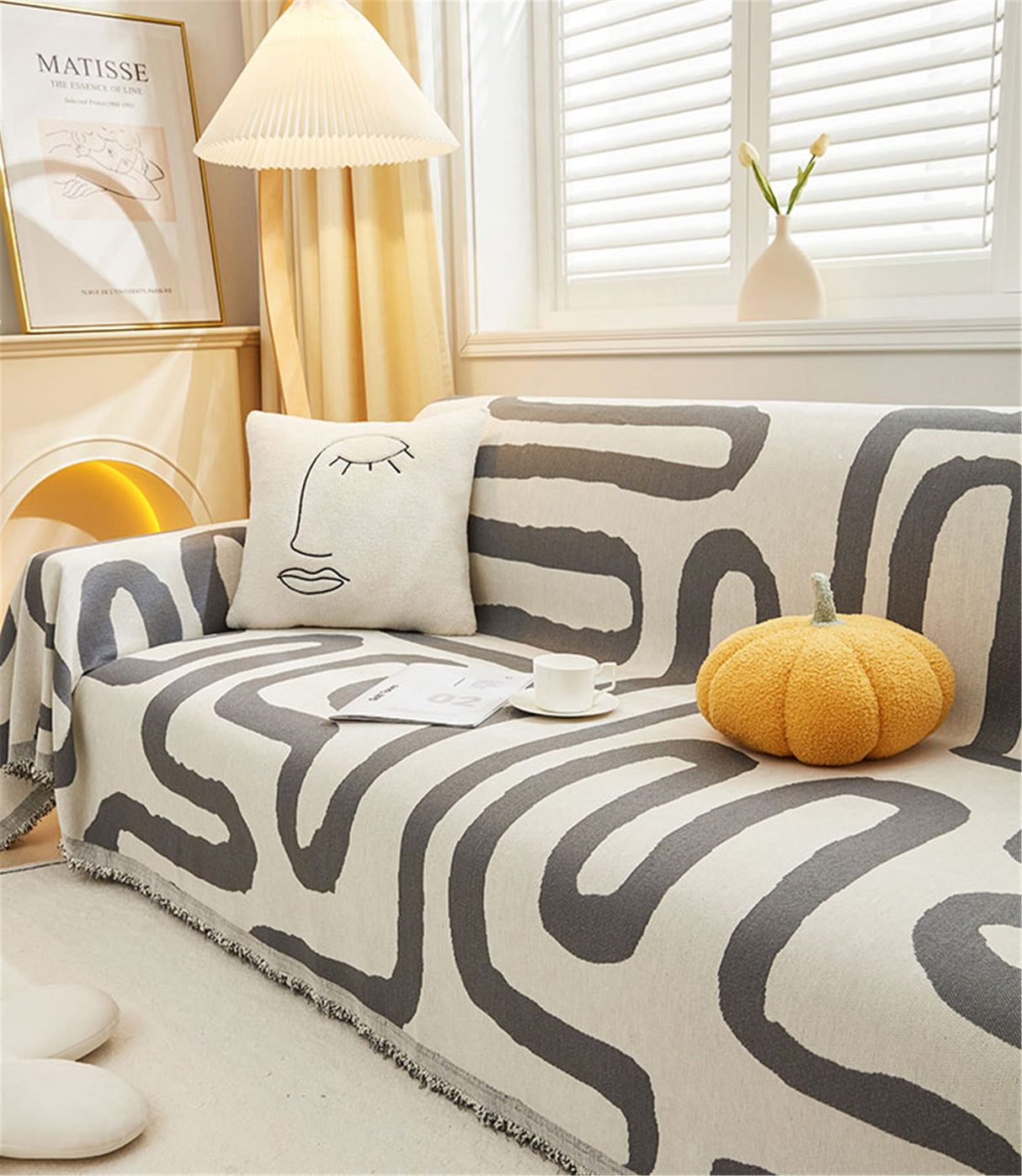 Double Woven Geometric Line Couch Cover,Soft Chenille Couch Cover,Non-Slip Sofa Cover,Washable Cotton Sofa Slipcover,Pet Furniture Protector