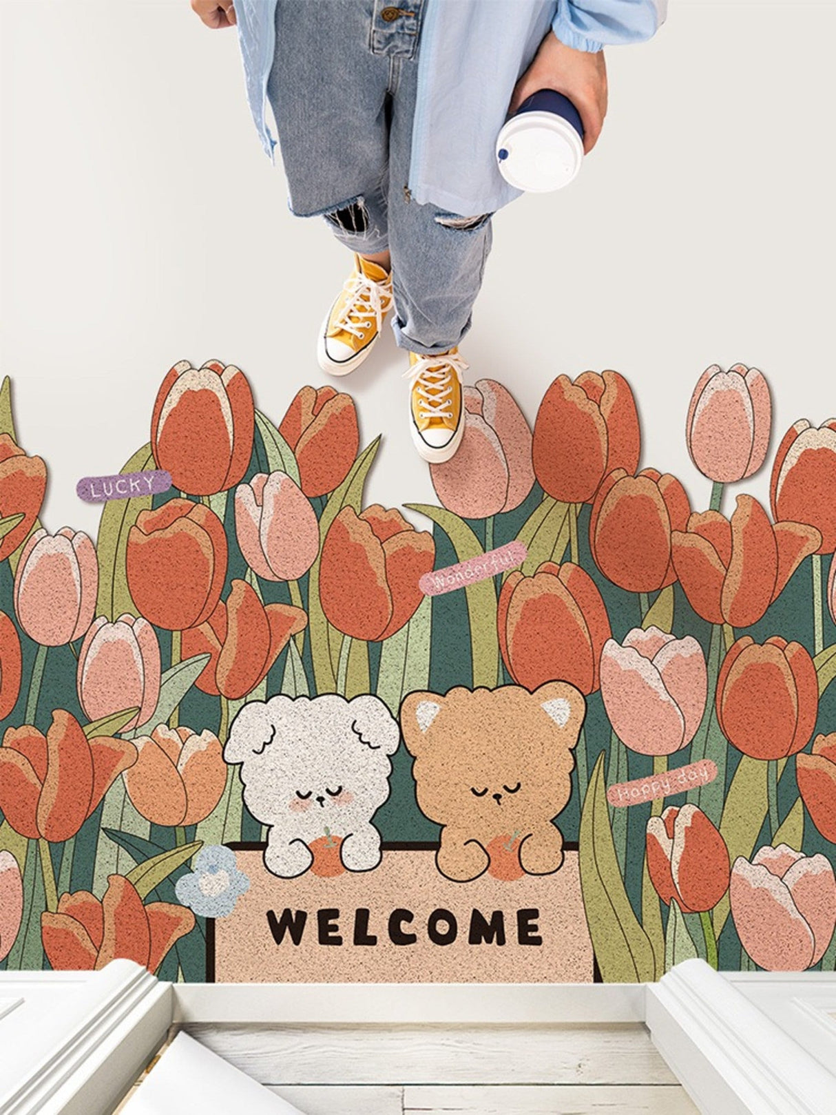 8 Style Flowers PVC Door Mat Rugs Funny Welcome for Front Doormat DIY Cutting Indoor/Outdoor Mats Non-Slip Easy to Clean