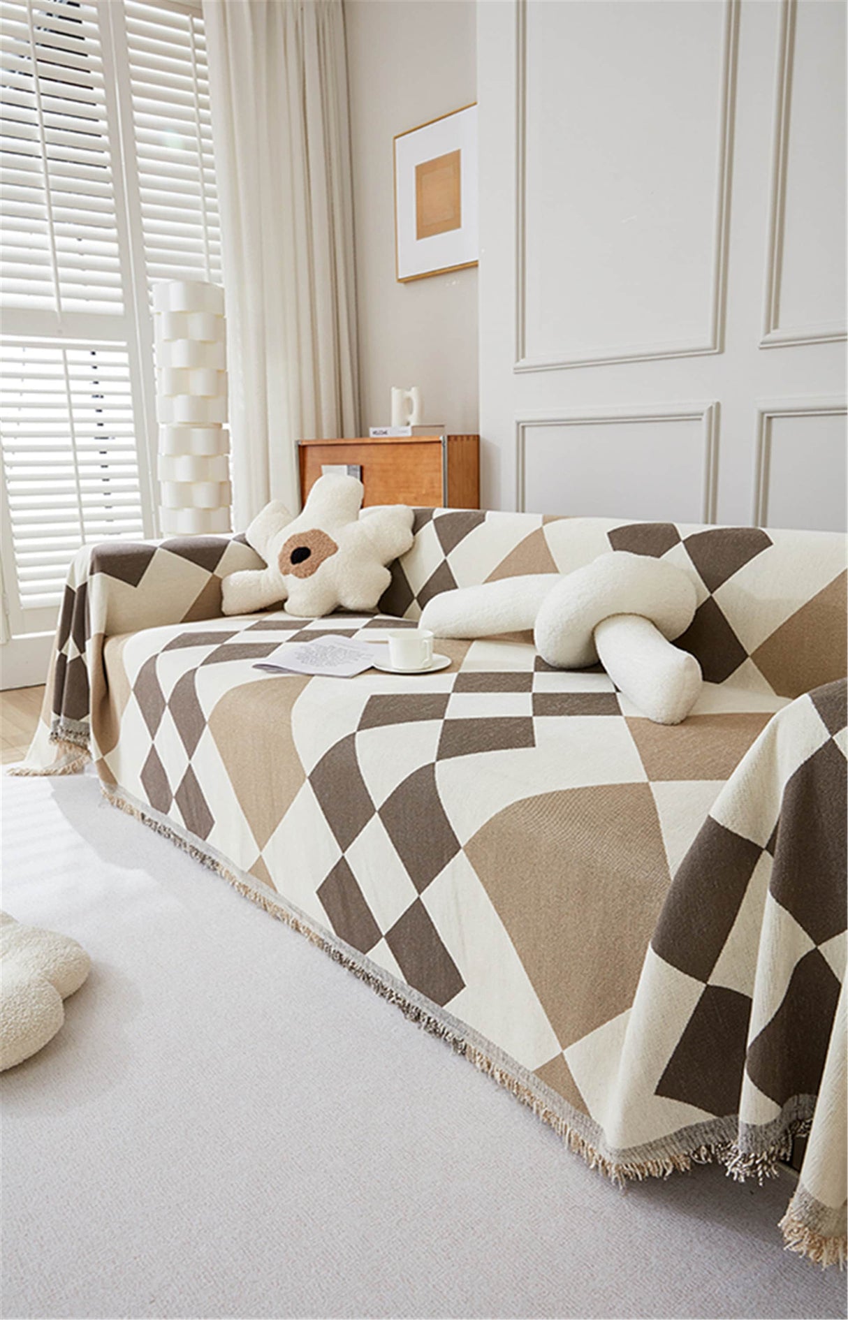 British Style Rhombus Design Sofa Slipcover With Tassels,Non-Slip Sofa Cover,Chenille Couch Cover,Sofa Blanket Cover,Pet Furniture Protector