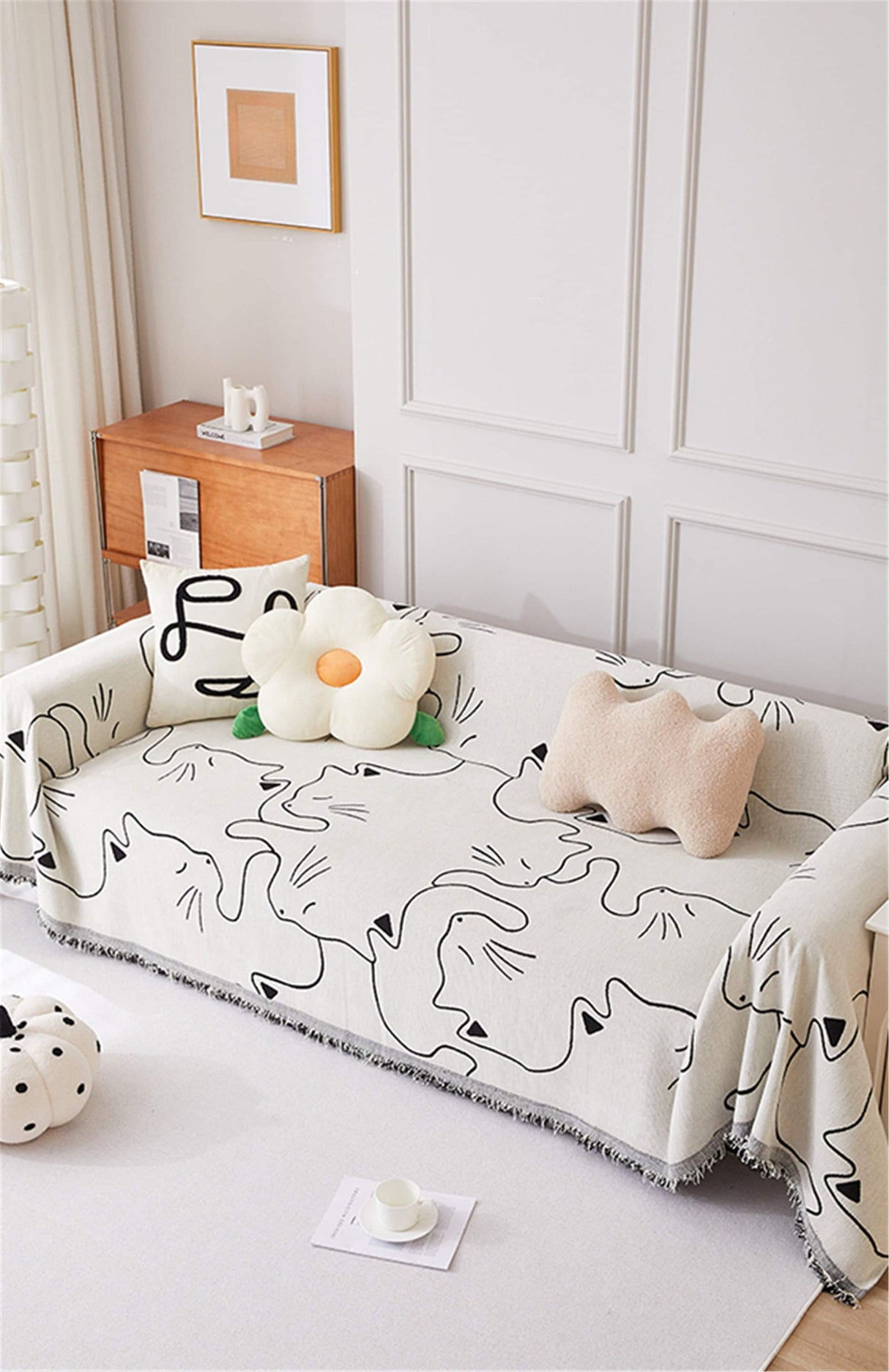 Cute Cartoon Cat Sofa Slipcover With Tassels,Non-Slip Sofa Cover,Chenille Couch Cover,Sofa Blanket Cover,Pet Furniture Protector