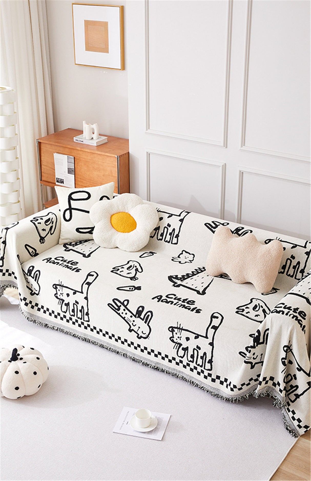 Cute Cartoon Animals Sofa Slipcover With Tassels,Non-Slip Sofa Cover,Chenille Couch Cover,Sofa Blanket Cover,Pet Furniture Protector