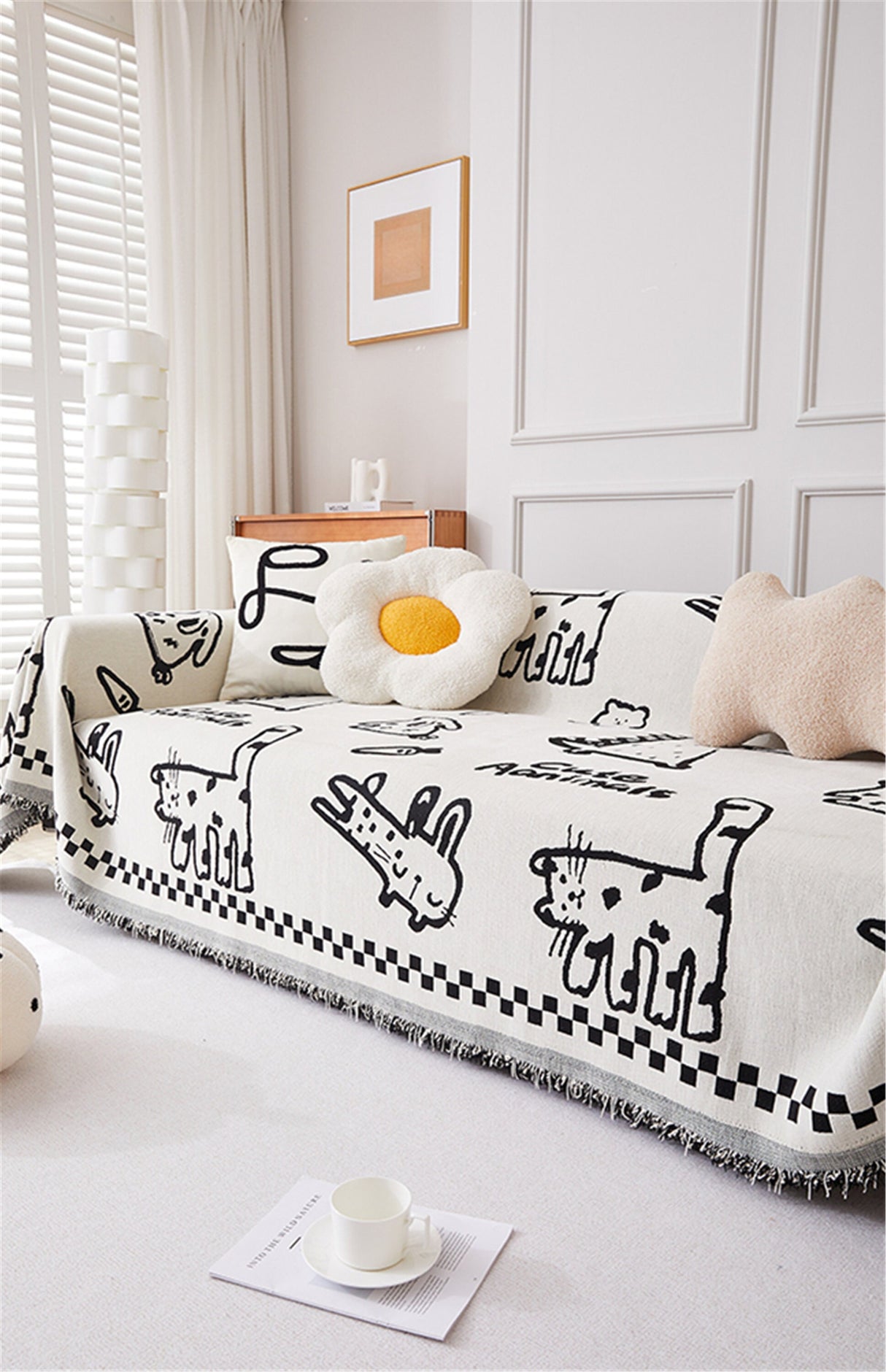 Cute Cartoon Animals Sofa Slipcover With Tassels,Non-Slip Sofa Cover,Chenille Couch Cover,Sofa Blanket Cover,Pet Furniture Protector