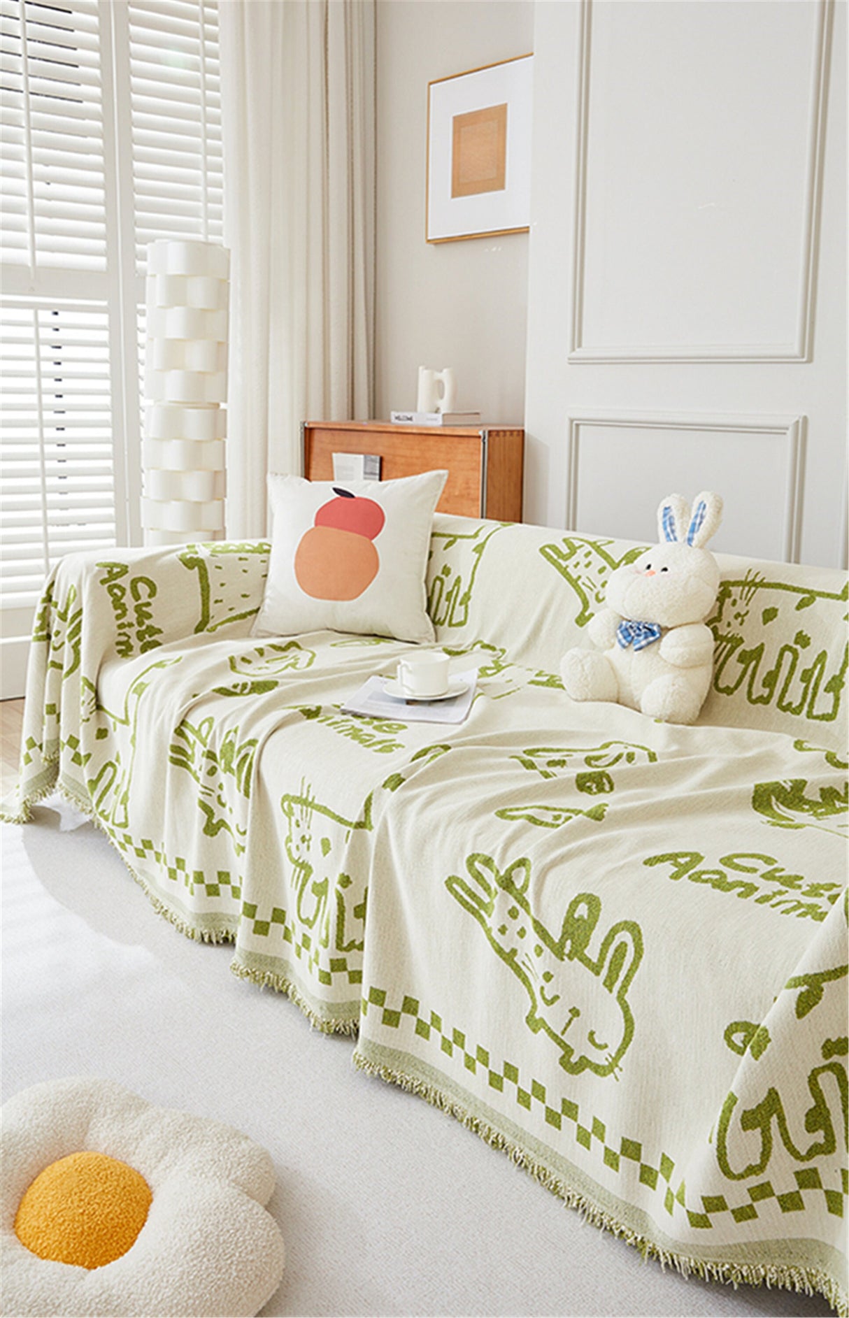 Cute Cartoon Animals Sofa Slipcover With Tassels,Non-Slip Sofa Cover,Chenille Couch Cover,Sofa Blanket Cover,Pet Furniture Protector