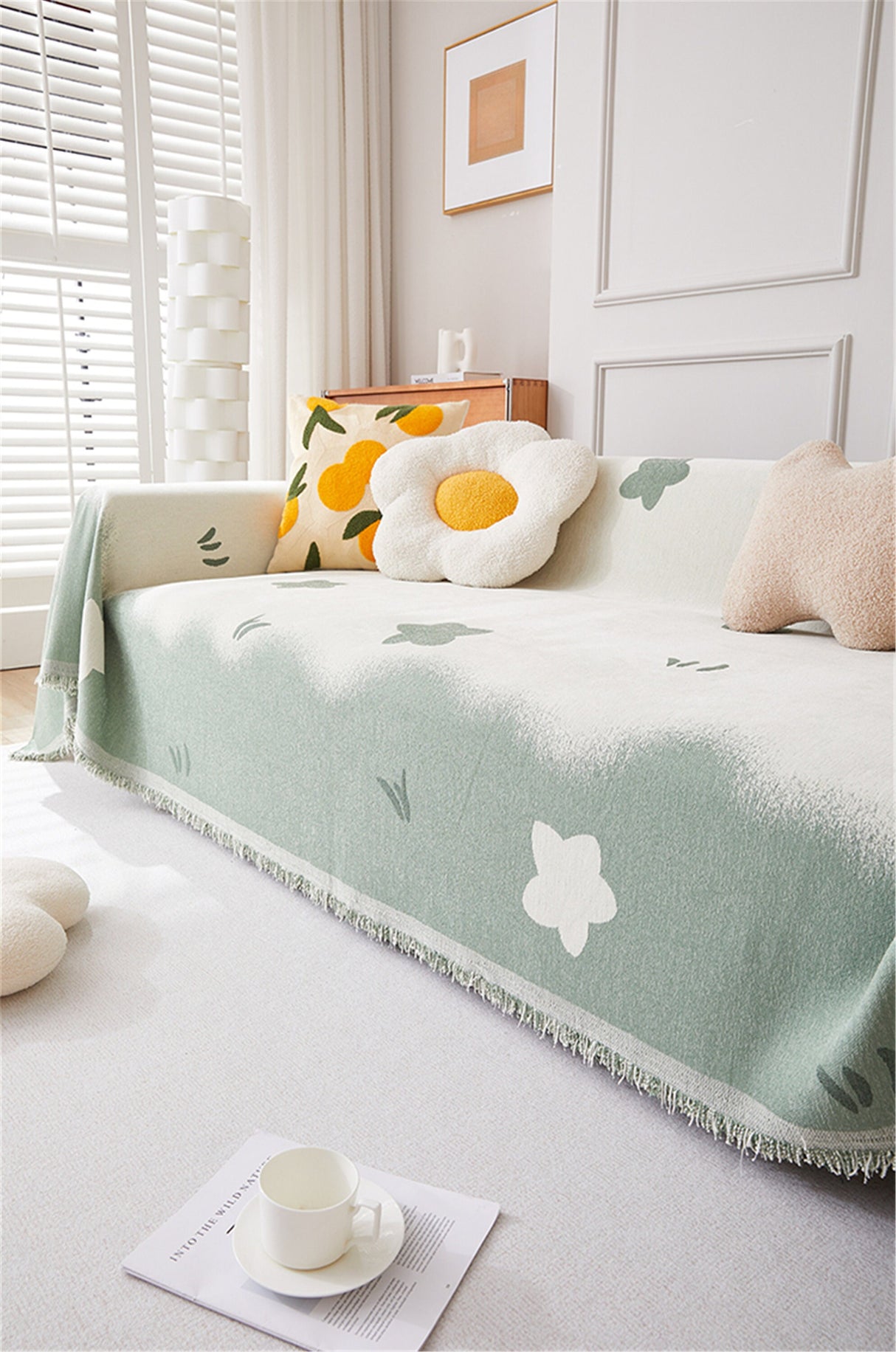 Dark Green Floral Sofa Slipcover With Tassels,Non-Slip Sofa Cover,Chenille Couch Cover,Sofa Blanket Cover,Pet Furniture Protector