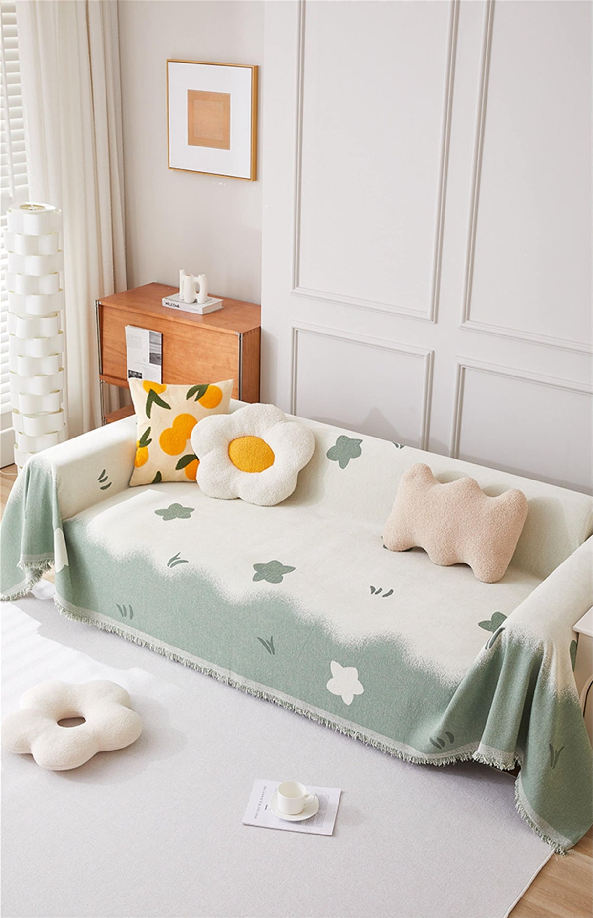 Dark Green Floral Sofa Slipcover With Tassels,Non-Slip Sofa Cover,Chenille Couch Cover,Sofa Blanket Cover,Pet Furniture Protector