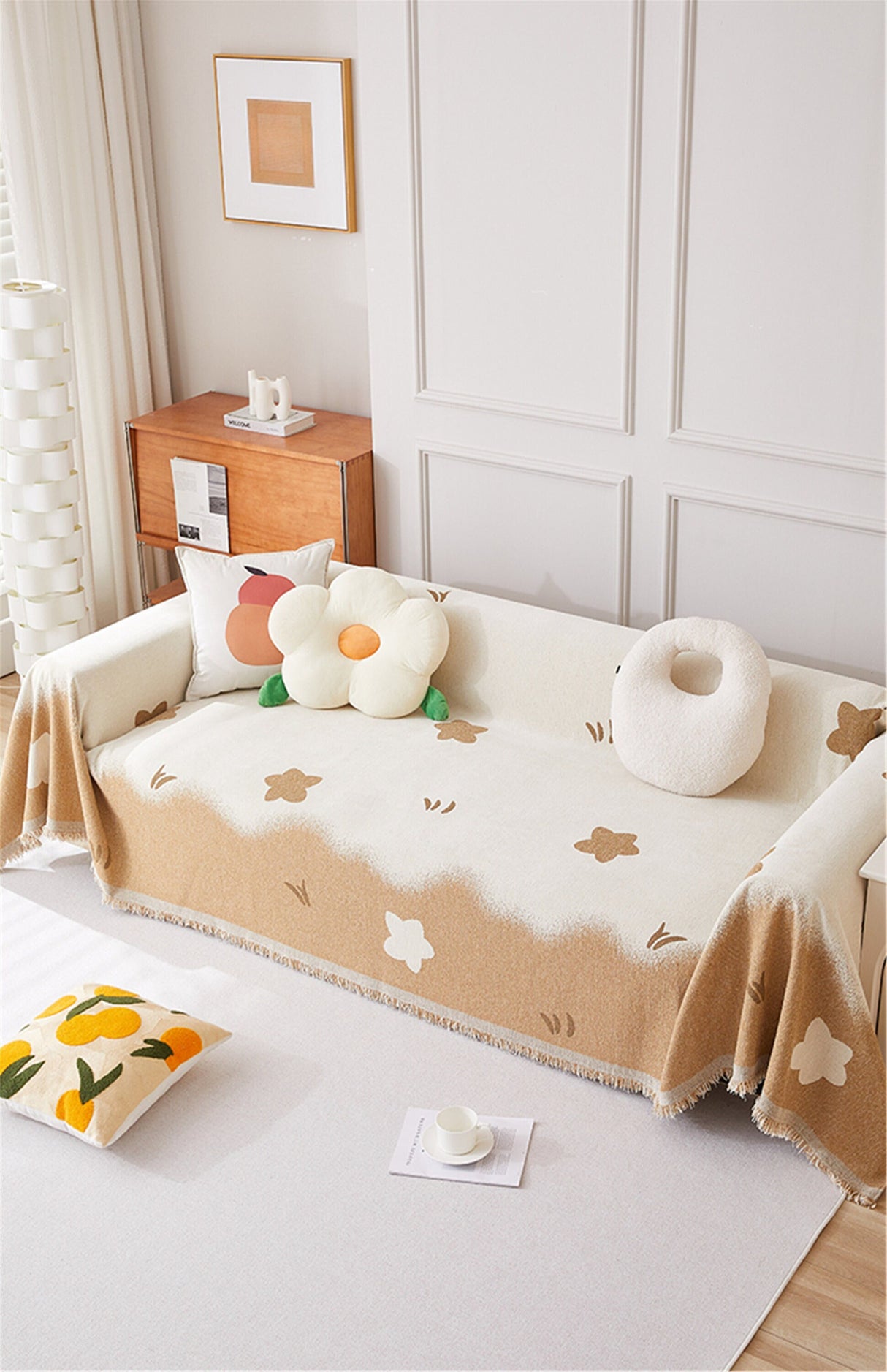 Coffee Floral Sofa Slipcover With Tassels,Non-Slip Sofa Cover,Chenille Couch Cover,Sofa Blanket Cover,Pet Furniture Protector