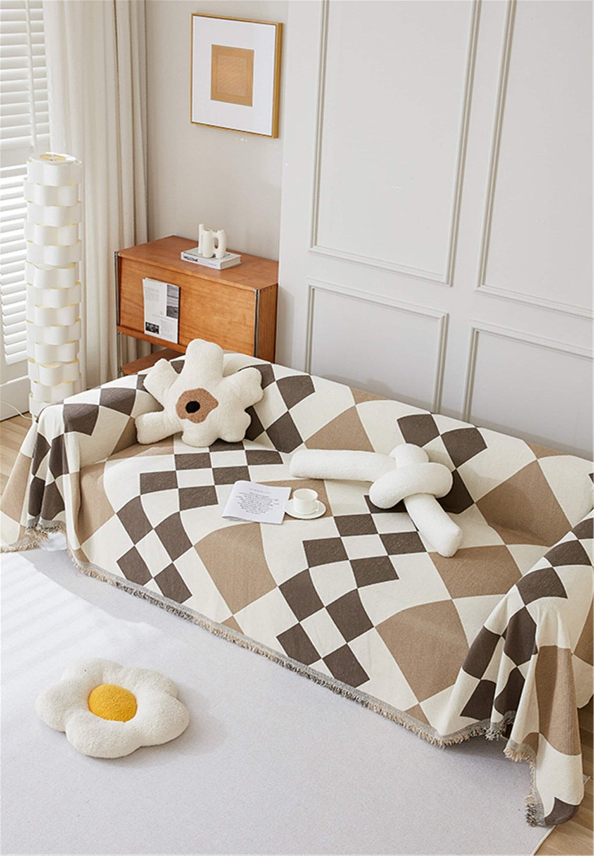 British Style Rhombus Design Sofa Slipcover With Tassels,Non-Slip Sofa Cover,Chenille Couch Cover,Sofa Blanket Cover,Pet Furniture Protector