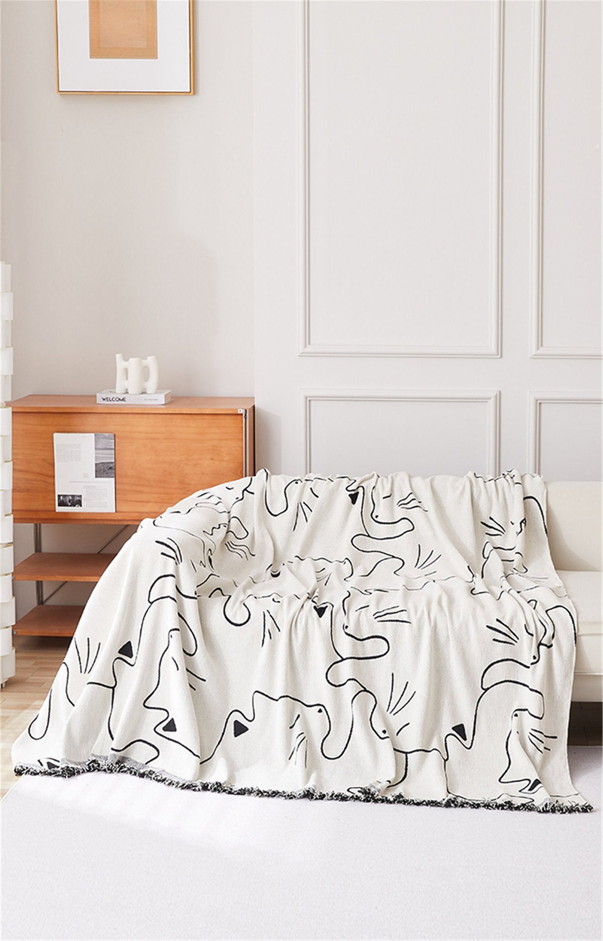 Cute Cartoon Cat Sofa Slipcover With Tassels,Non-Slip Sofa Cover,Chenille Couch Cover,Sofa Blanket Cover,Pet Furniture Protector