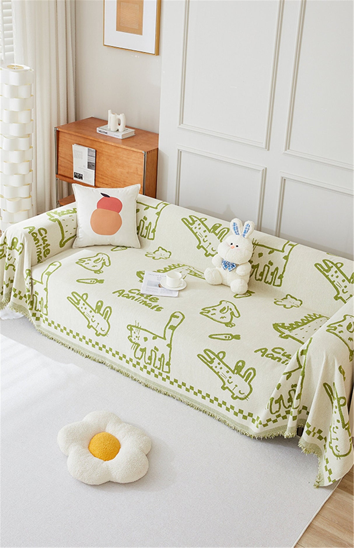 Cute Cartoon Animals Sofa Slipcover With Tassels,Non-Slip Sofa Cover,Chenille Couch Cover,Sofa Blanket Cover,Pet Furniture Protector