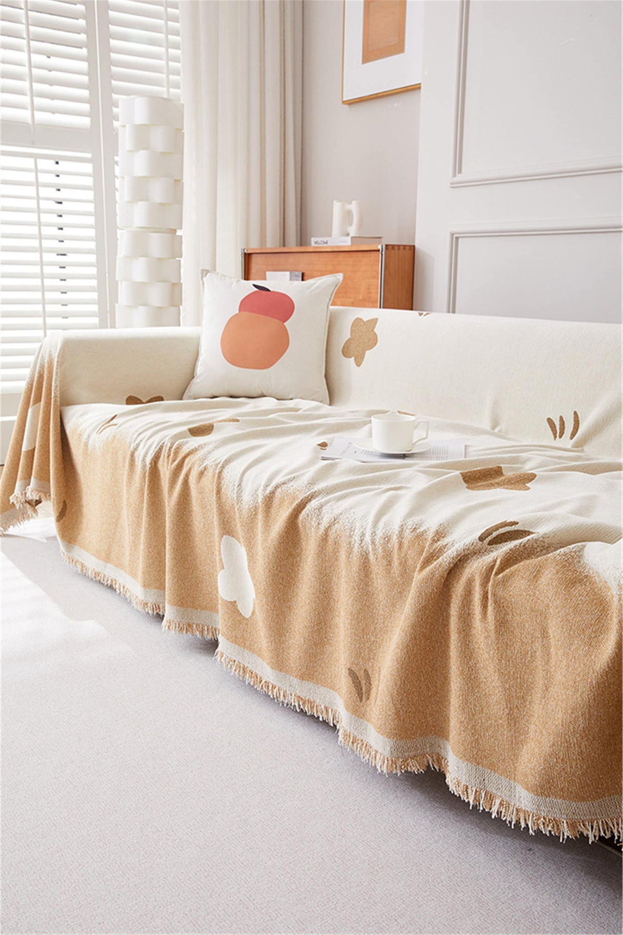 Coffee Floral Sofa Slipcover With Tassels,Non-Slip Sofa Cover,Chenille Couch Cover,Sofa Blanket Cover,Pet Furniture Protector