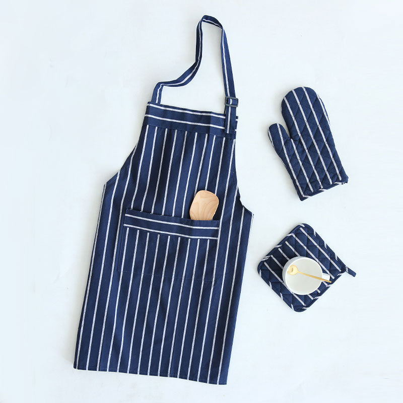Stripy Navy Blue & White Four Piece apron Kitchen Cooking Set Home Accessories