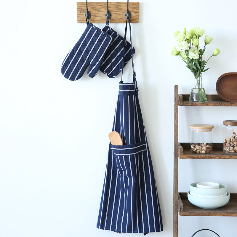 Stripy Navy Blue & White Four Piece apron Kitchen Cooking Set Home Accessories