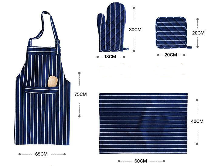 Stripy Navy Blue & White Four Piece apron Kitchen Cooking Set Home Accessories