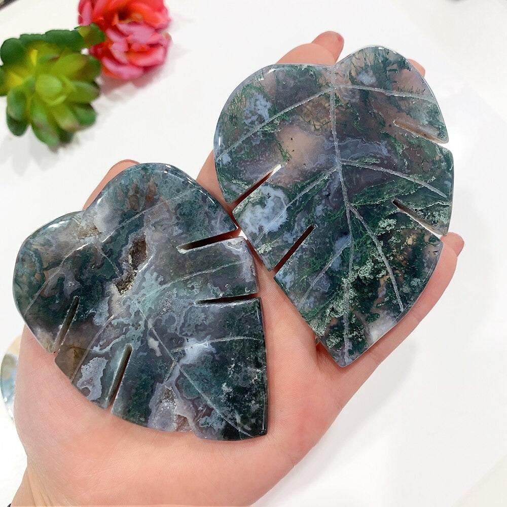 Moss Agate Leaf Shaped Crystal Carving