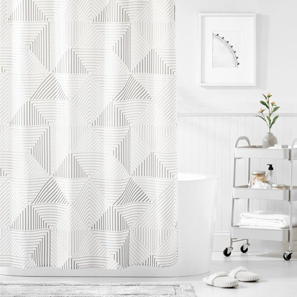 Feblilac Grey Line Triangle Geometric Shower Curtain with Hooks, Geometric Figure Bathroom Curtains with Ring, Unique Bathroom décor, Boho Shower Curtain, Customized Bathroom Curtains, Extra Long Shower Curtain