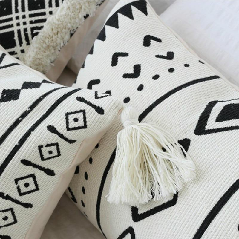 Cushion Cover Decorative Waist Pillow Case Nordic Geometric White Black Lines Tufted Tassels Modern Sofa Chair Cousin