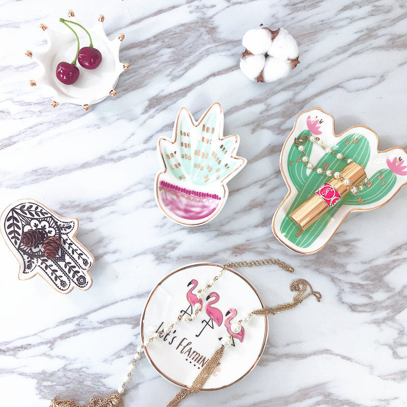 Flamingo / Cactus / Plant / Hamsa / Crown Dessert Trinket Decorative Plates Home Accessories