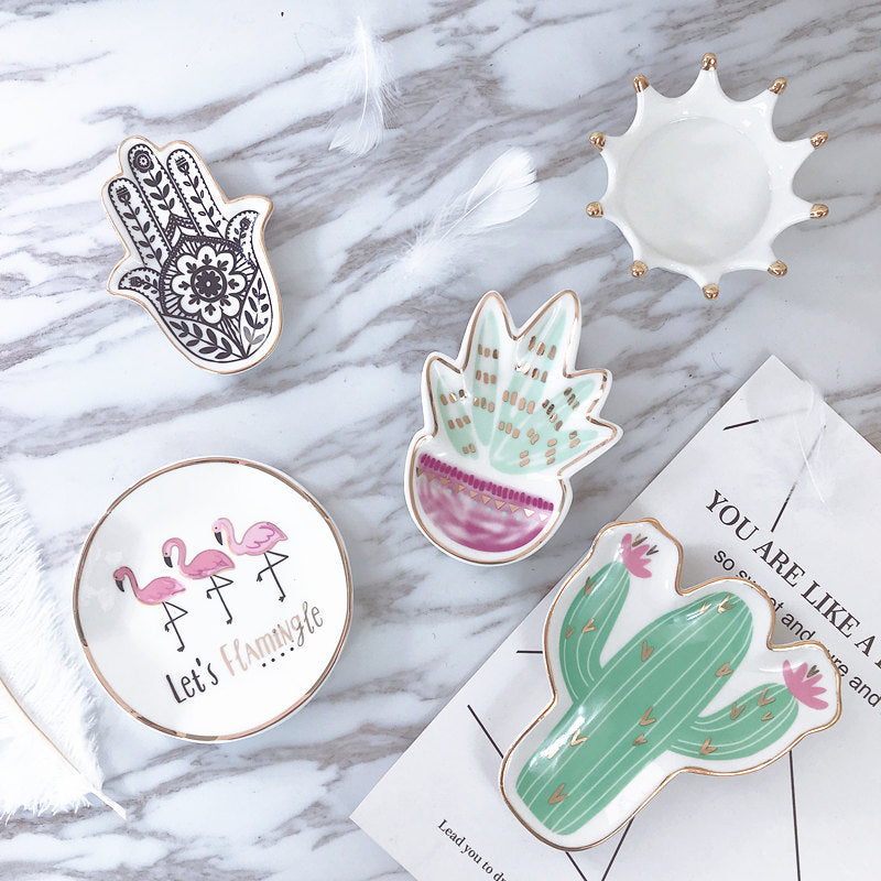 Flamingo / Cactus / Plant / Hamsa / Crown Dessert Trinket Decorative Plates Home Accessories
