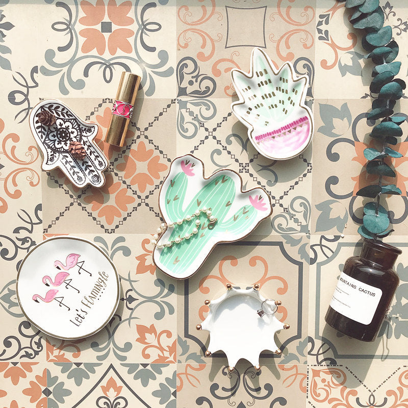 Flamingo / Cactus / Plant / Hamsa / Crown Dessert Trinket Decorative Plates Home Accessories