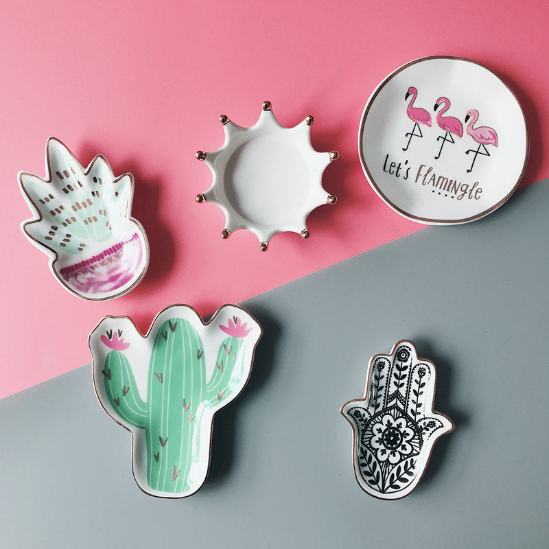 Flamingo / Cactus / Plant / Hamsa / Crown Dessert Trinket Decorative Plates Home Accessories