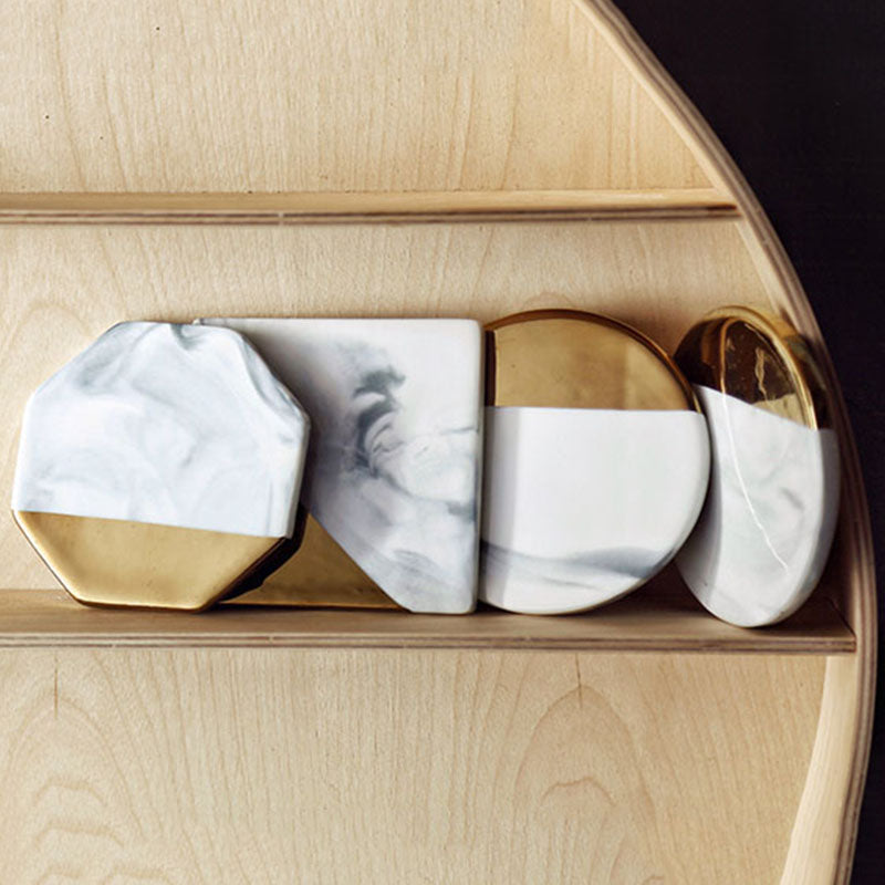 Set of Four Marble and Gold Colored Geometric Coasters