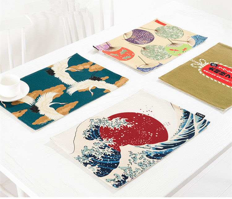 Japan Style Cotton Linen Placemats Ukiyoe Prints Dining Table Mats Thick Heat Insulated Pads Home Accessories