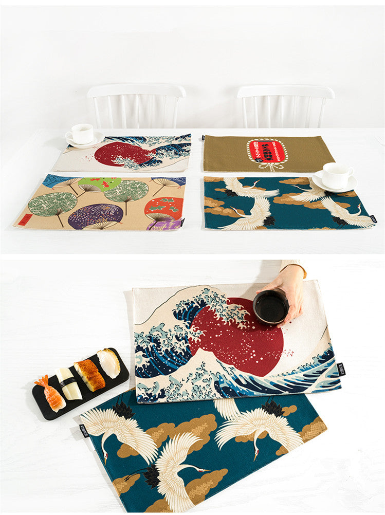 Japan Style Cotton Linen Placemats Ukiyoe Prints Dining Table Mats Thick Heat Insulated Pads Home Accessories