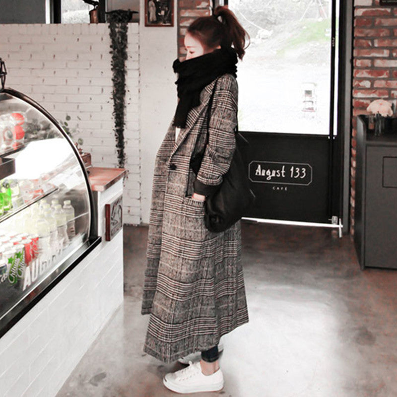 Tweed wool casual lattice Single-breasted long plaid coat