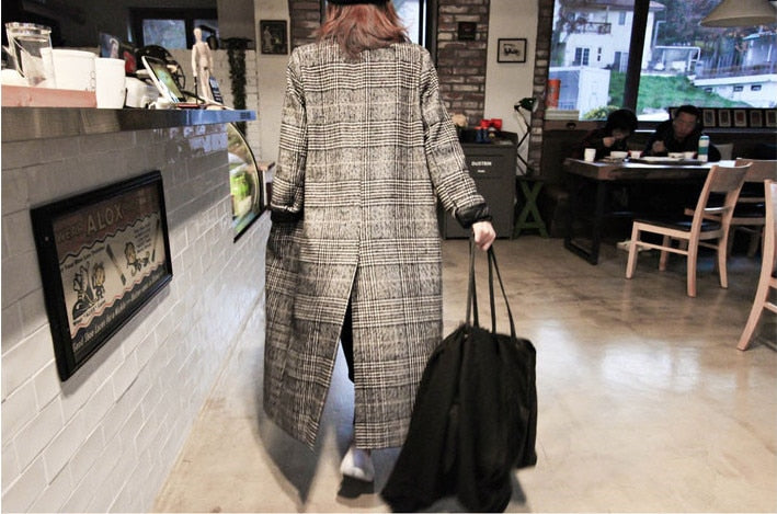 Tweed wool casual lattice Single-breasted long plaid coat