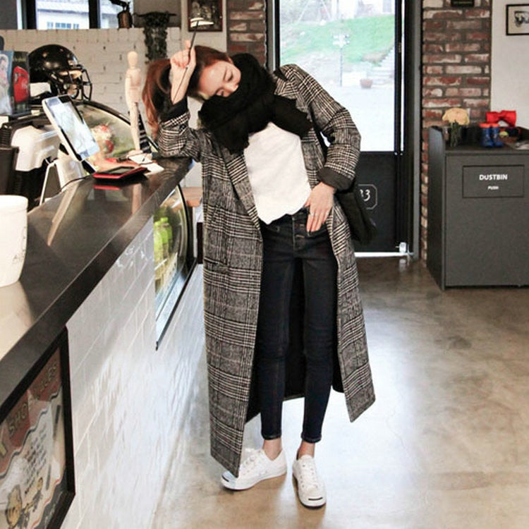Tweed wool casual lattice Single-breasted long plaid coat